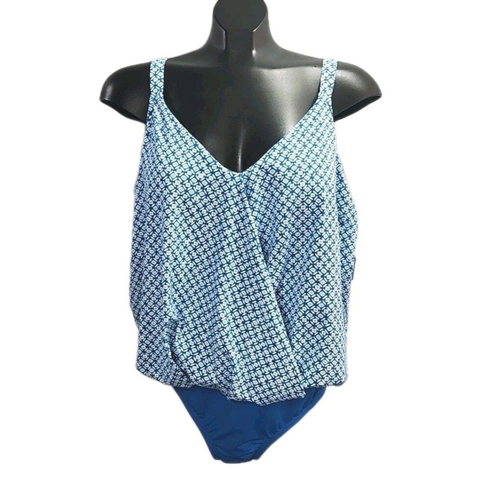 Lands End Swimsuit Women Sz 18W Plus Blue Ruched One-Piece Padded Adjustable NEW